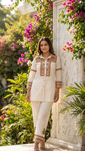 Elegant white embroidered ethnic co-ord set.
