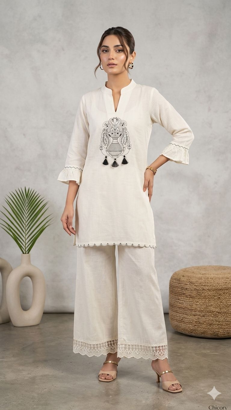 Ivory kurti set with tassel embroidery